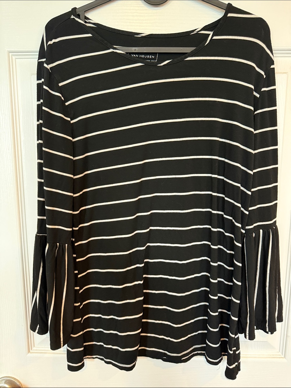 Van Heusen Black and White Striped Bell-Sleeve Long Sleeve Top